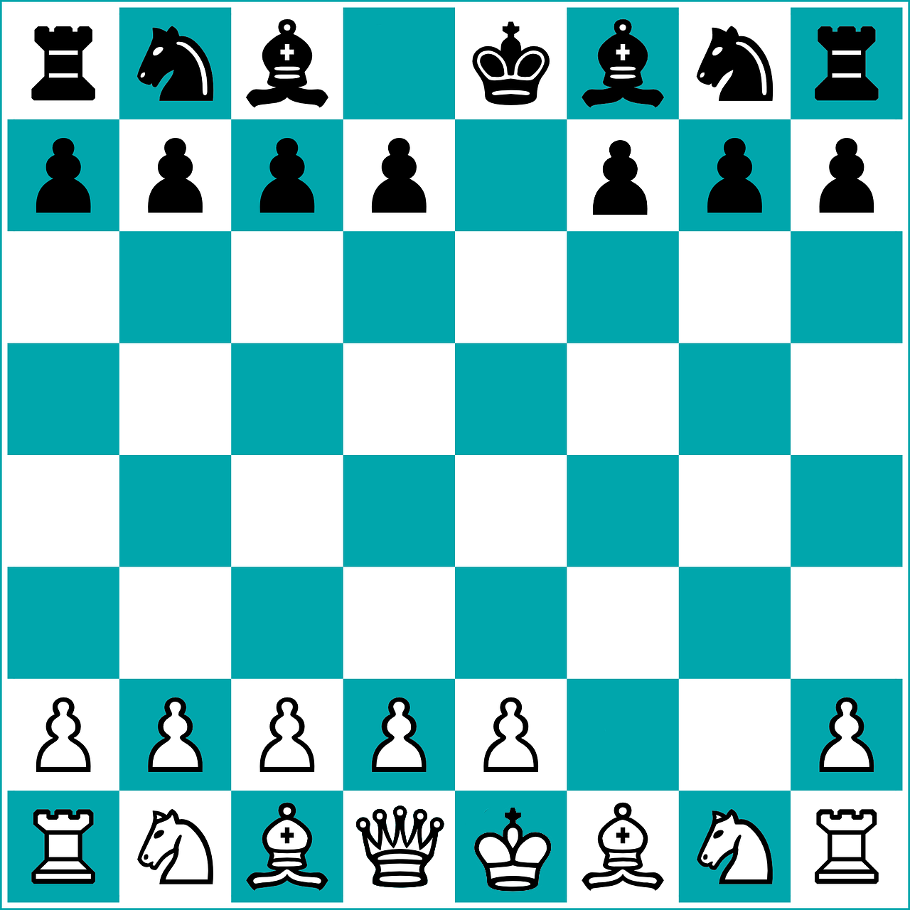 Normal chess board missing pawns from king side knight and bishop, and black missing their queen and king pawn