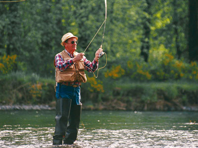 A man fly fishing in a river.
