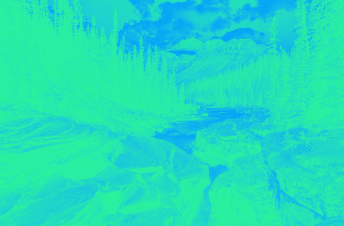 River surounded by trees with a mountain in the back color swapped to something with teal.