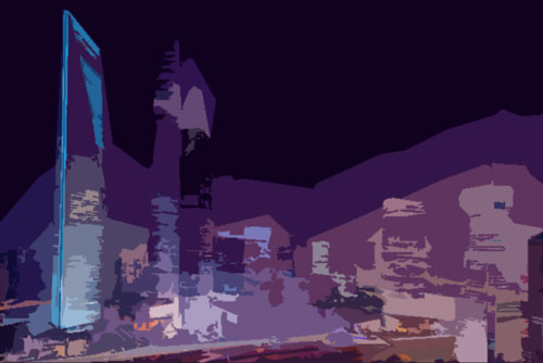 A city scape at night composed of simpler shapes given less form.